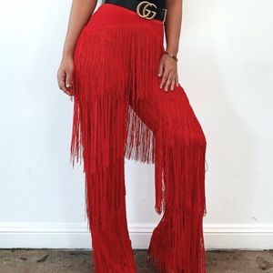 XS Red Fringe High Waisted Meshki pants